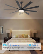 72 Inch Ceiling Fans with Lights,Large Modern Ceiling fan with Remote and 9 Wooden Blades,Dimmable,6 Speeds,Noiseless Reversible Indoor&Outdoor Fan for Bedroom,Patio,Living Room