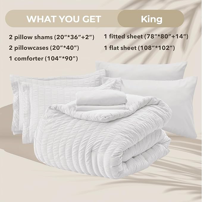 HYMOKEGE White King Size Comforter Set Seersucker 7 Pieces, All Season Luxury Bed in a Bag for Bedroom, Bedding Set with Comforters, Sheets, Pillowcases & Shams