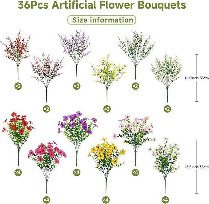 SHareconn 36 Bundles Artificial Flowers for Outdoors, Faux Plants Fake Silk Colorful Daisy Eucalyptus Lavender, UV Resistant for Outside Home Porch Patio Spring Decor, RedRosyPurpleYellowPinkWhite