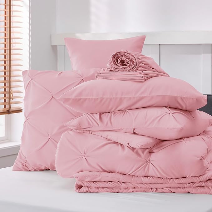 Bedsure Full Comforter Set Baby Pink - Bed in a Bag Full Size Bedding Set 7 Pieces, GentleSoft™ Pintuck Bed Set Gift for Family, Pinch Pleat All Season Comforter with Sheets, Pillowcases & Shams