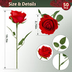 Red Roses Artificial Flowers 50 Pack in Bulk, Fake Roses Flowers Realistic Roses for Wedding Home Party Decoration Event Gift (Red)