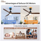 Sofucor 60 Inch Ceiling Fans with Lights, Walnut Solid Wood Ceiling Fan with Light Remote Control, Indoor/Outdoor Ceiling Fan with Reversible DC Motor, 3 Blade Fan Light for Bedroom Patio Farmhouse