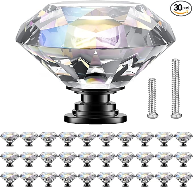 POZEAN Crystal Cabinet Knobs 30Pack, 1.57inch Dresser Knobs for Cabinet, Drawer with Two Different Sizes Screws, Diamond Glass Pulls Handles (40mm, 30Pack, Clear-Black)