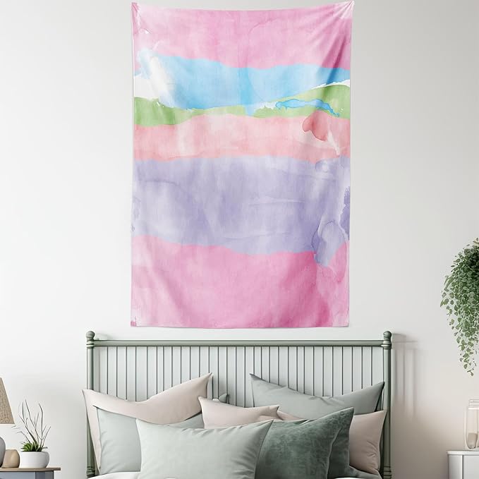 Lunarable Abstract Tapestry Queen Size, Paintbrush Watercolor Large Pastel Horizontal Stripes in Various Tones Boho Print, Wall Hanging Bedspread Bed Cover Wall Decor, Queen Size, Lilac Pink
