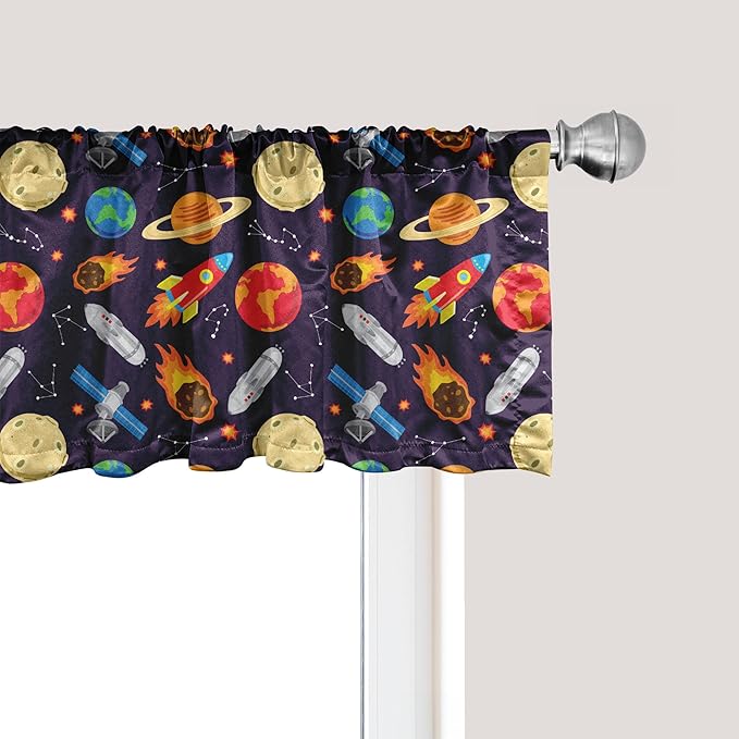 Ambesonne Space Window Valance Pack of 2, Universe Themed Illustration with Earth Moon Constellations Saturn Rockets Stars, Rod Pocket Curtain Valances for Kitchen Bedroom, 42" X 12", Dark Night Blue