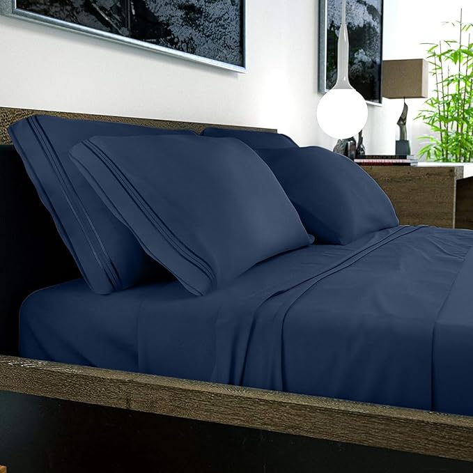 DREAMCARE California King Sheet Sets – 6 pcs Cooling Bed Sheets – up to 15” Deep Cal King Sheets – 2500 Supreme Collection – Extra Soft 100% Brushed Microfiber Hotel Luxury with Side Pocket – N Blue