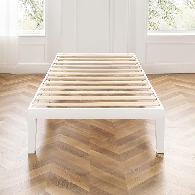 Mellow Naturalista Classic 16 Inch Solid Wood Platform Bed with Wooden Slats, White, King