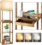 RUNTOP Floor Lamp with Shelves, Plus Shelf Lamp with Wireless Charger, 2 USB Port and Outlet, 1 Drawer, 15W LED Bulb, 3 Colors, Memory Function, Floor Lamps for Living Room, Standing Lamp for Bedroom
