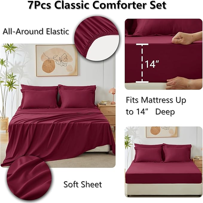 CozyLux King Size Comforter Set Burgundy - 7 Pieces Bed in a Bag King, Luxury Soft Bed Set for All Seasons, Bedding Set with Down Alternative Comforter, Sheets, Pillowcases & Shams