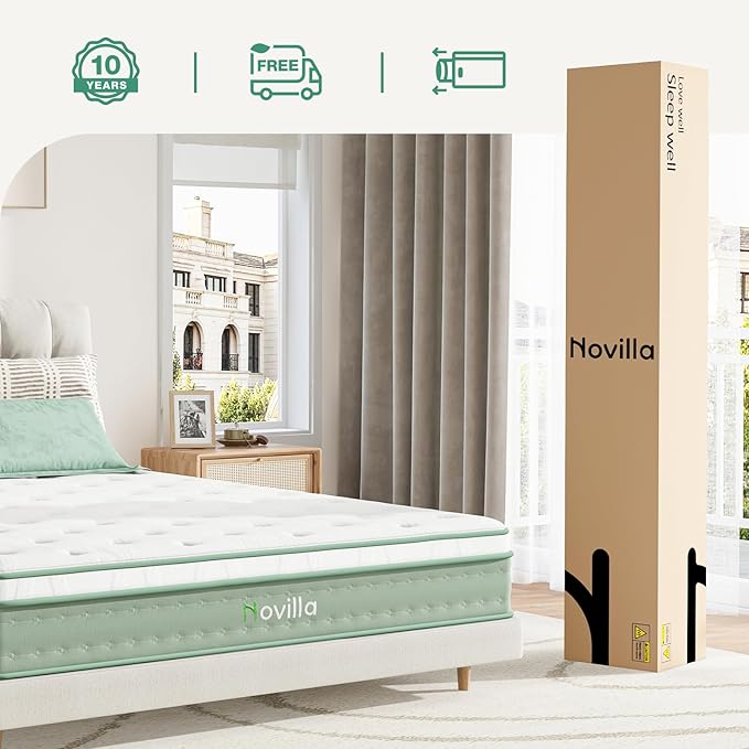 Novilla Twin Mattress, 10 Inch Hybrid Mattress in a Box, Gel Inflation Memory Foam with Pocket Coils Innerspring for a Cozy Night, Pillow Top Twin Size Mattresses, Medium Firm & Fit The Body's Curves