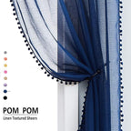 Treatmentex Pom-Pom Navy-Blue Sheer Curtains for Bedroom Windows 84inches Long Linen Textured Look Sheer Drapes for Living Room 52" w x 2Pack