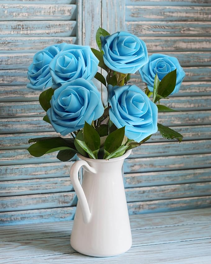 JOYLEX 100Pcs Light Blue Artificial Flowers Realistic Roses, Real Looking Fake Roses with Stem for DIY Wedding Bouquets Centerpieces Bridal Shower Party Home Romantic Decorations (Light Blue, 100pcs)