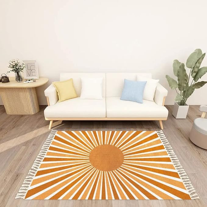 Boho Rug Scandinavian Nursery Rainbow Sun Print for Playroom with Neutral Area Carpet Non-Slip Throw Rugs Mat Pad Minimalist Home Decor for Living Room Bedroom Entryway Dining Room Office 4'x6'
