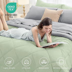 HEVUMYI Cali-King Comforter Set - 7-Piece All Season Bed in a Bag Cali-King, Ultra Soft Bedding Set with Comforter, Flat Sheet, Fitted Sheet, Pillowcases, Pillow Shams, Sage Green & Light Grey