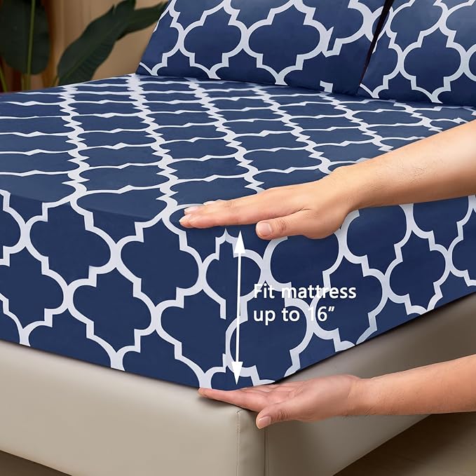 Mejoroom Queen Bed Sheet Set - Super Soft Brushed Microfiber 1800 Thread Count Queen Sheets with 16 inch Deep Pocket - Wrinkle Free - 4 Piece(Queen, Navy Quatrefoil with White Pattern)