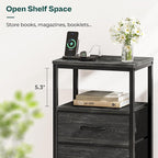 Huuger Nightstand with Charging Station, 27.6 Inch End Table Bedside Table with USB Ports and Outlets, Night Stand for Bedroom, Fabric Drawers, Charcoal Black Wood Grain Print