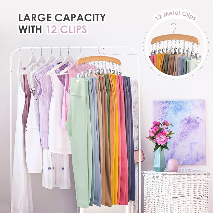 Leggings Hangers, Wooden Closet Hanging Leggings Storage Organizer Scarf Hangers with 24 Clips, 360° Swivel Hook, Burlywood, 2 Pcs