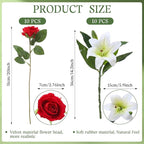 Hotop 20 Pcs Artificial Flowers Velvet Realistic Roses and Latex Lilies Flowers Bouquet Decorations Arrangements for Home Table Centerpieces Independence Day(White, Red)