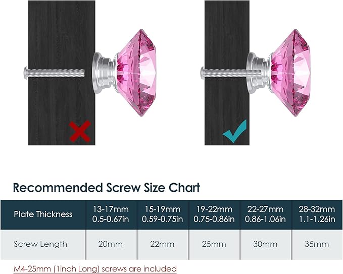 Tomorotec 12-Pack 30mm Crystal Pink Glass Cabinet Drawer Pulls, Diamond Drawer/Cupboard Knobs with Screws, Crystal Knobs w/Silver Base, Home Decor for Kitchen, Dresser, Wardrobe, Desk (1.2 in / 30mm)
