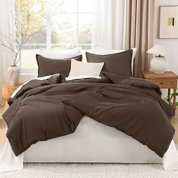 Litanika Comforters Queen Size Chocolate, 3 Pieces Lightweight Solid Bedding Set & Collections, All Season Fluffy Bed Set (90x90 Inches Comforter & 2 Pillowcases)