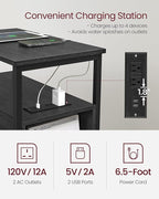 VASAGLE Side End Table with Charging Station, Slim Nightstand with 2 Drawers, Narrow Bedside Table for Living Room, Small Spaces, Charcoal Gray and Ink Black ULET321B22