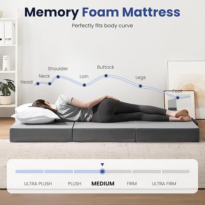 Foldable Mattress Twin 6 inch -Portable Grey Memory Foam Folding Matress with Washable Cover for Camping Travel Guest Room Home Use-Non-Slip&Easy Storage