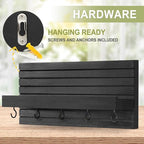 Decorative Key Holder for Wall with Shelf, Entryway Shelf with Hooks Holds Leashes, Jackets and Glasses – Sturdy Wood Keyholder Entrance Hanger with Mounting Hardware (Black, Medium)