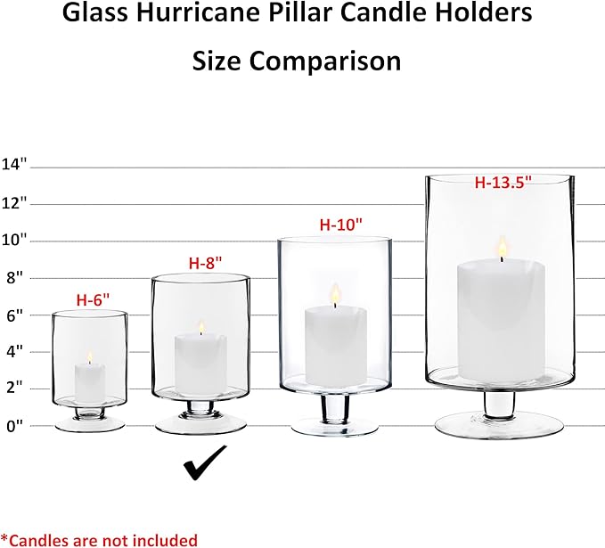 CYS EXCEL Glass Hurricane Pillar Candle Holder (H:8" W:4.75") | Multiple Size Choices Short Stem Candle Centerpieces | Stemmed Glass Cylinder Candle Vase