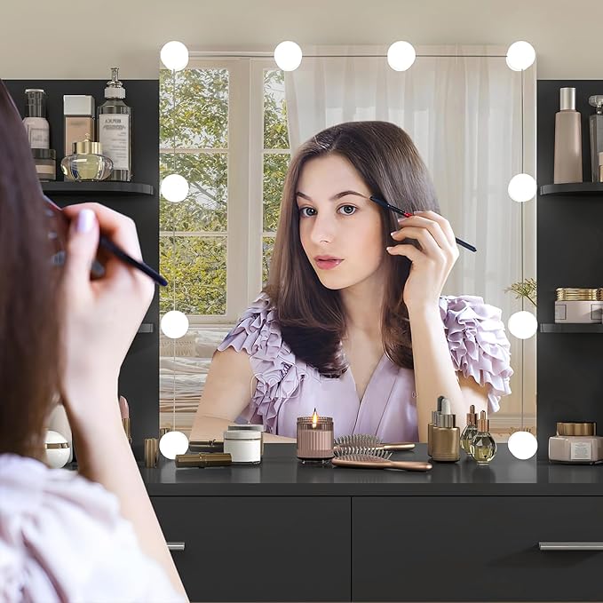 usikey Vanity Desk with Mirror and Lights, Vanity Makeup Table Set with 2 Drawers & 6 Open Shelves, Makeup Vanity Desk Dressing Table with Cushioned Stool, Black