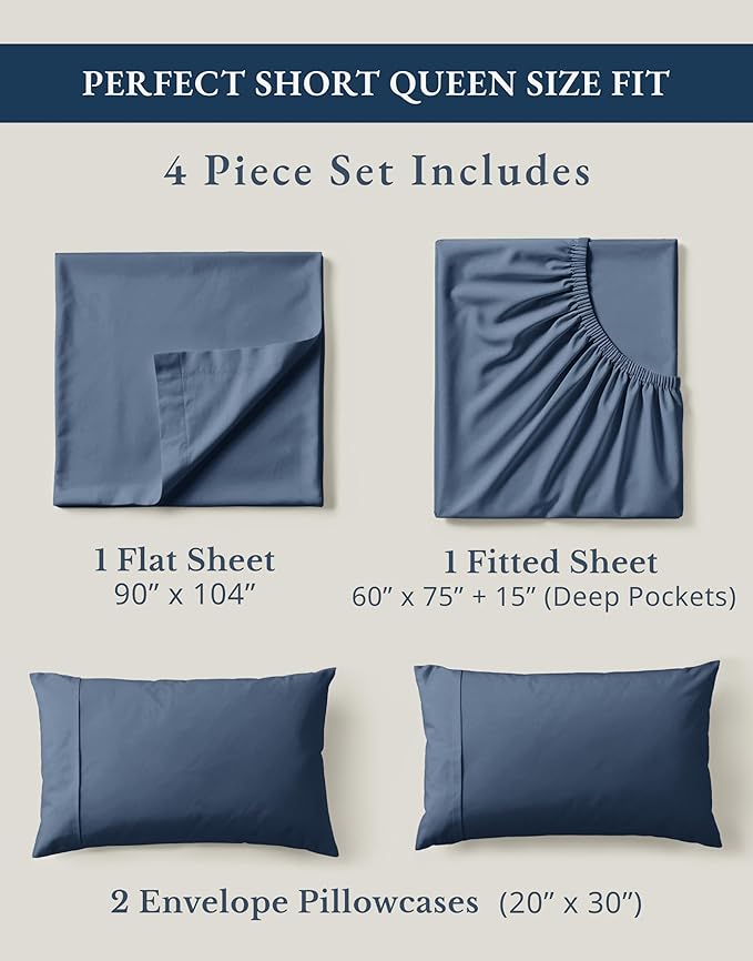 LANE LINEN 100% Organic Cotton Sheets Set, 4Pc Sheet Set Short Queen Size, Classic Percale Weave, Breathable RV Queen Cotton Sheet Set, RV Queen Deep Pocket Sheets, Oeko-Tex Sheets - Estate Blue