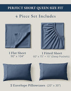 LANE LINEN 100% Organic Cotton Sheets Set, 4Pc Sheet Set Short Queen Size, Classic Percale Weave, Breathable RV Queen Cotton Sheet Set, RV Queen Deep Pocket Sheets, Oeko-Tex Sheets - Estate Blue