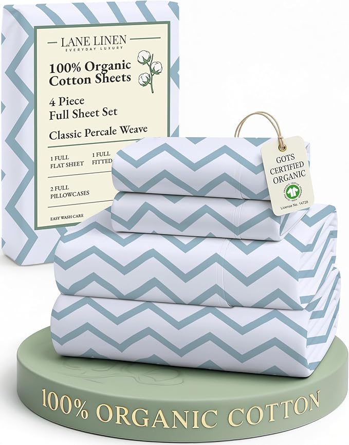 LANE LINEN 100% Organic Cotton Full Size Sheet & Pillowcase Sets, Fully Elasticized Soft & Comfy Printed Percale Bedding, Temperature Regulating Printed Cotton Sheets Full - Chevron
