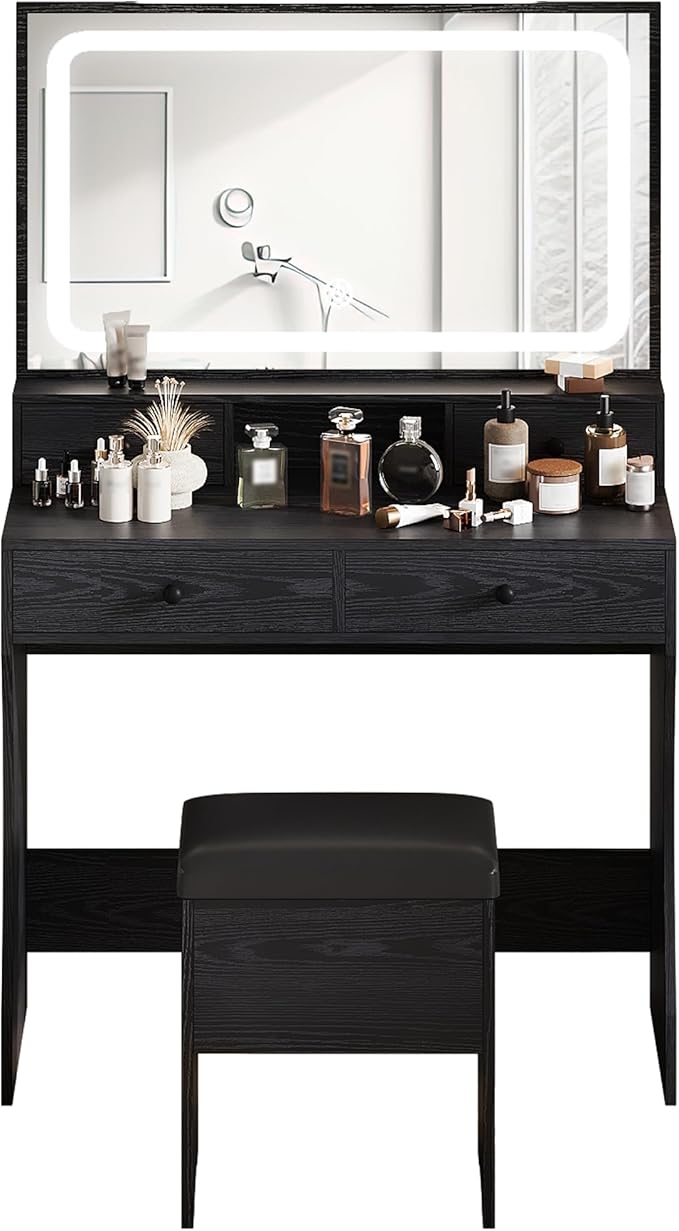 IRONCK Vanity Desk Set with LED Lighted Mirror & Power Outlet, Makeup Vanity Table with 4 Drawers,Storage Bench,for Bedroom, Bathroom, Black