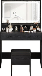 IRONCK Vanity Desk Set with LED Lighted Mirror & Power Outlet, Makeup Vanity Table with 4 Drawers,Storage Bench,for Bedroom, Bathroom, Black