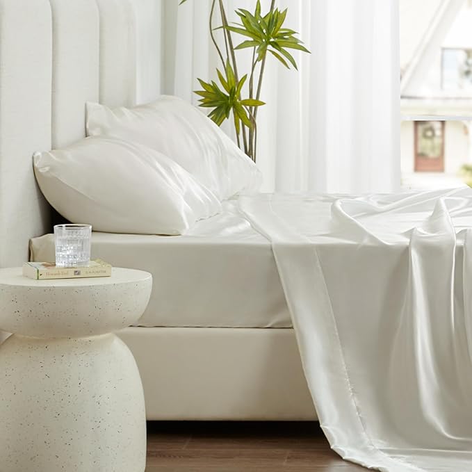 Love's cabin Twin Silky Soft Satin Bed Sheet Set - 3 Piece, Ivory, Luxury Fitted & Flat Sheets, Deep Pockets, Envelope Closure, 1800 Thread Count, Cooling, Breathable, Hypoallergenic