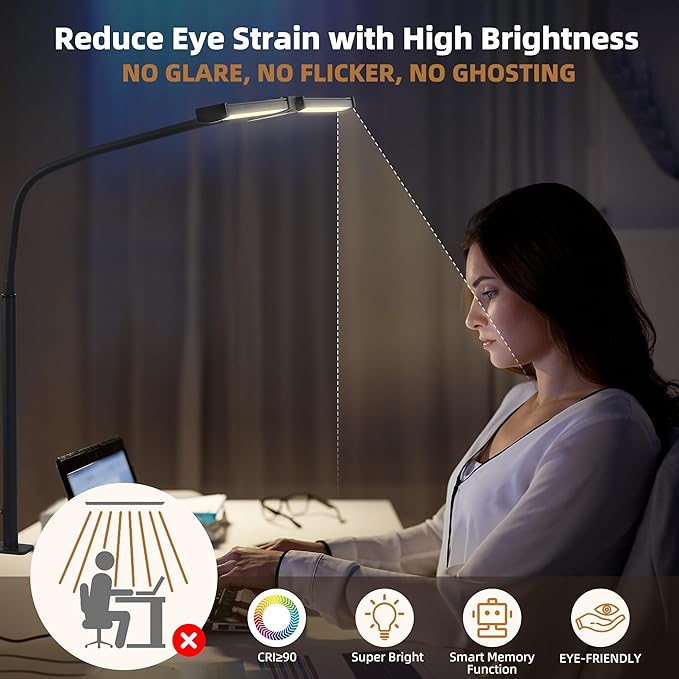 Led Desk Lamp for Home Office, Eye-Care Architect Light with Clamp, Smart Double Head Computer Monitor Table Clip Lamp, Adjustable Flexible Gooseneck, 25 Lighting Models, Task Lamp, White and Sliver