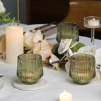 LAMORGIFT 12 Pcs Large Green Ribbed Glass Tea Light Holders - 3.15" x 3.15" - Green Wedding Decor, Table Centerpieces