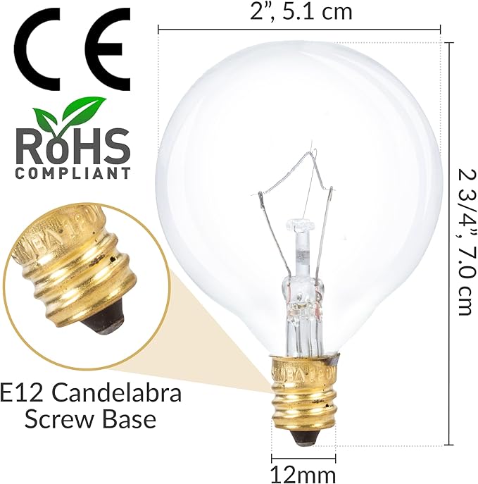 Simba Lighting Small Globe G16.5 Round Bulb 40W E12 Candelabra Base (10 Pack) for Chandelier, Ceiling Fan Light, Decorative Vanity Lights, Wall Sconce, Clear Glass 110V 120V, 2700K Warm White Dimmable