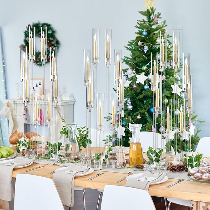 10Sets 8 Arm Acrylic Candelabra Candle Holder for Wedding,38.5 inches Tall Clear Candlestick Holders with Shade for Tables Party Event Dinner Decoration (Fit 0.8" Led Candles)