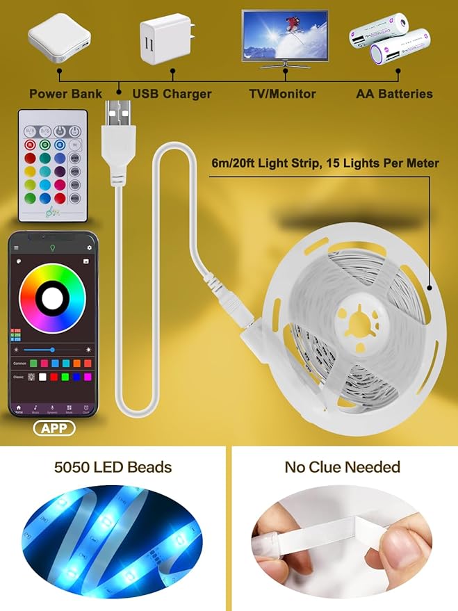 Led Lights for TV, 16.4ft TV Led Backlight 32-75 Inch, USB Led Light Strip with Remote, App Control, RGB Led Strip Lights Music Sync Color Changing Led Lights for Bedroom, Gaming Accessories