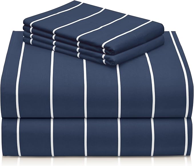 LuxClub 4 PC King Size Sheet Set Bed Sheets, Breathable Luxury Deep Pockets Wrinkle Free Cooling Sheets Machine Washable Hotel Bedding (King, Striped Navy)