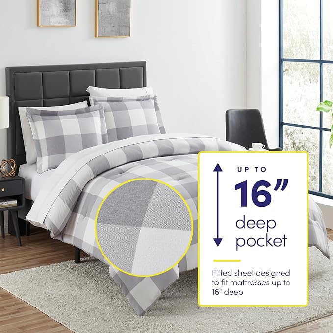 Twin Comforter Set with Sheets - 5-Piece Bedding Collection - 1 Comforter, 1 Fitted Sheet, 1 Flat, 2 Pillowcases - Deep Pocket - Soft & Premium Quality - Ideal for All Seasons, Checkered Box
