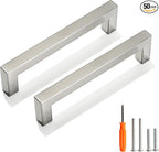 Cabinet Pulls Brushed Nickel Cabinet Handles Square Drawer Pulls, 50 Pack 5 Inch Stainless Steel Kitchen Door Cupboard Cabinet Handles, Cabinet Hardware Drawer Handles, 128mm Hole Centers