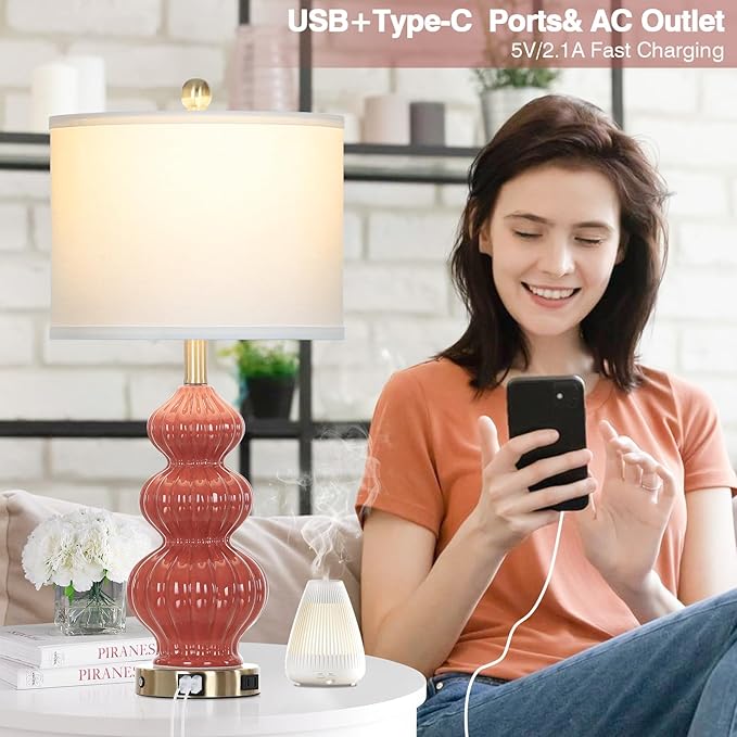 26" Triple Gourd Ceramic Table Lamps Set of 2,Modern Orange Bedside Lamps USB A+C Ports & AC Outlet -Ceramic Nightstand Lamps for Bedroom, 3 Way Touch Control Contemporary Living Room End Tables