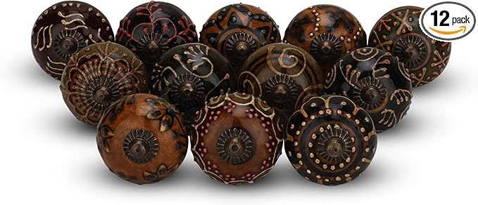 Dresser Knobs for Cabinets and Drawers Assorted, Dusty Ceramic Knob & Pull Handle for Kitchen Brown Cupboard Wardrobe Decorative Furniture Knobs - Pack of 12, (Dark Brown)