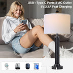 28" Tall Modern Table Lamps Set of 2 with USB C+A Ports and AC Outlet, 3 Way Touch Metal Bedside Lamps for Living Room, Black Nightstand Lamps for Bedroom