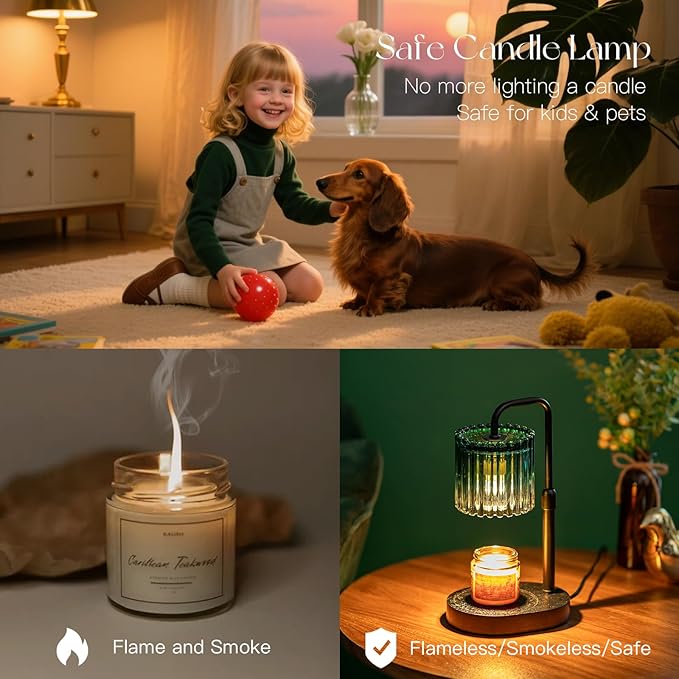 Candle Warmer Lamp with Timer: Emerald Green Candle Warming Lamp with 2 Bulbs Height Adjustable Wax Melt Dimmable Bedroom Decor Christmas Gift for Women