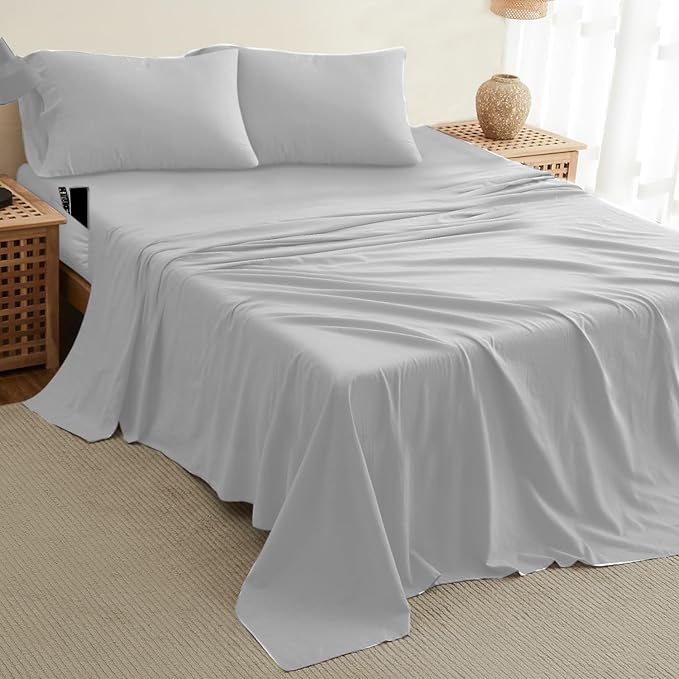 DREAMCARE Full Size Sheets - Cooling Bed Sheets - 4pcs Set - up to 15" Deep Pocket Full Sheet Set - Sheets Full Size Bed - Soft & Long Lasting 100% Fine Brushed Polyester with Side Pocket - LightGray
