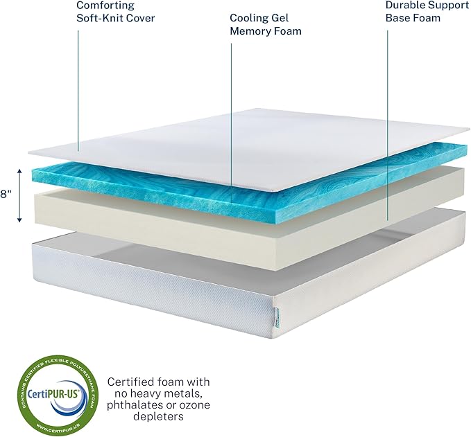 Sleep Innovations Marley 8 Inch Cooling Gel Memory Foam Mattress, Twin Size, Bed in a Box, Medium Firm Support