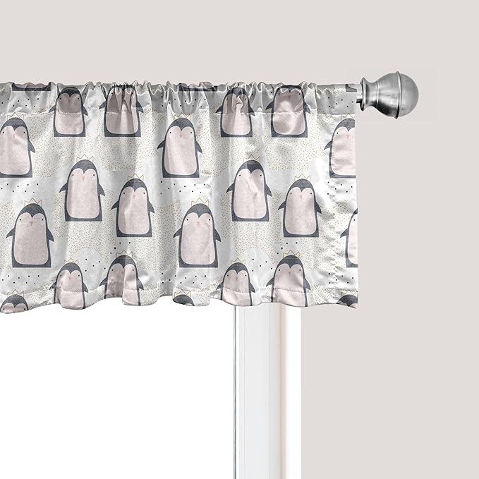 Ambesonne Penguin Window Valance, Pastel Colored Style Cartoon Animals from Antarctica Crowns on a Dotted Background, Curtain Valance for Kitchen Bedroom Decor with Rod Pocket, 42" x 18", Grey Pink